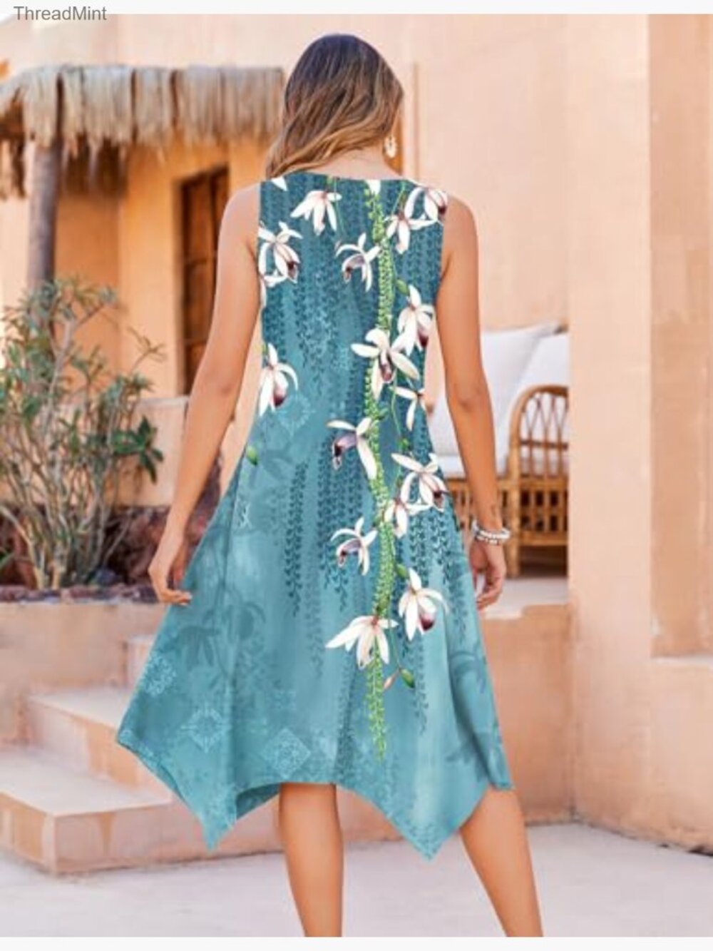 Sleeveless Midi Sundress with Pockets, Handkerchief Hem, Floral Print - Picture 5 of 7